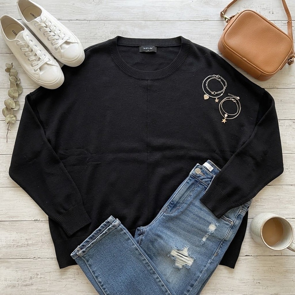 The Work Shop Black Crewneck Oversized Center Seam Sweater TW1058 Medium
